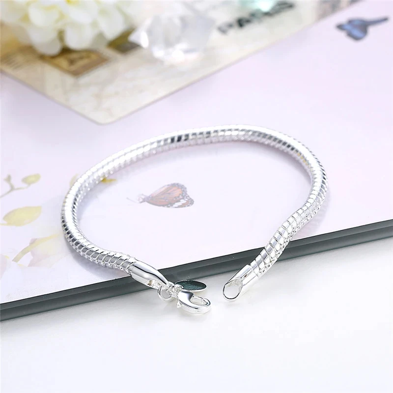 URMYLADY 925 Sterling Silver 3mm Snake Chain 8 inches Basis Bracelet For Woman Charm Wedding Engagement Fashion Party Jewelry