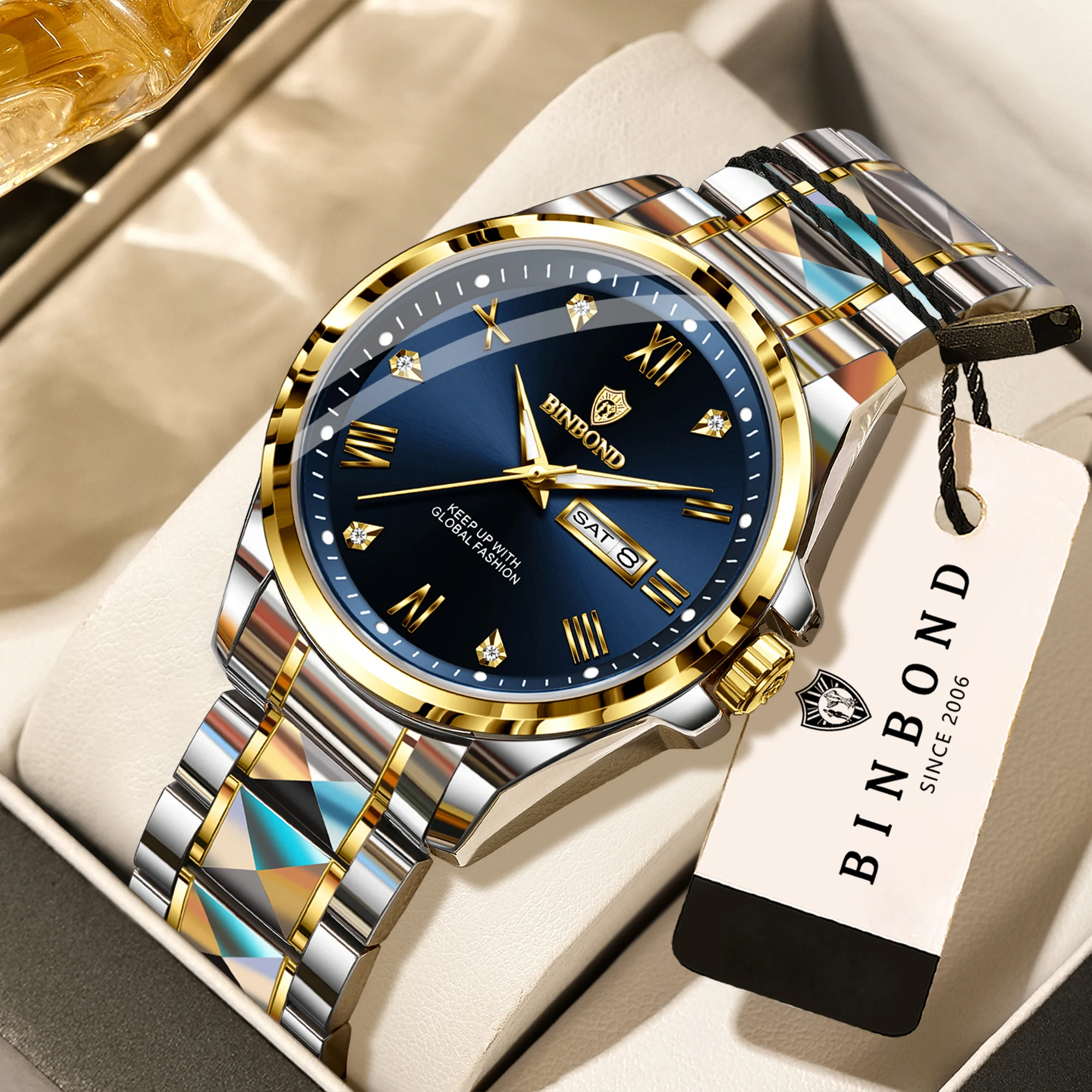

BINBOND business quartz wristwatches for men luxury luminous sturdy durable reloj waterproof auto date week display men's watch