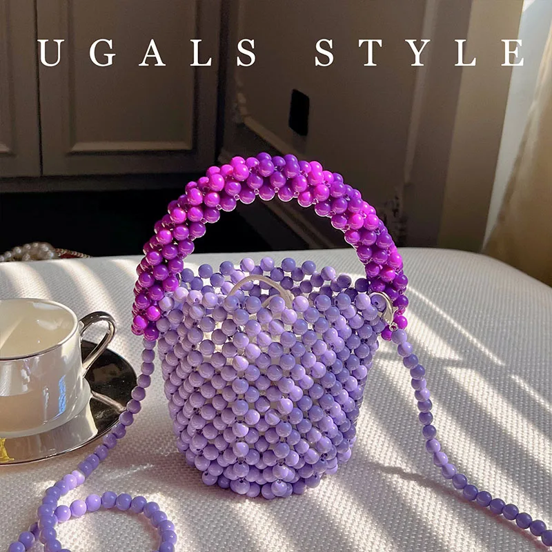 Summer Candy Color Mini Bag Beads Beading Woven Handmade Women Handbag Lady Purse Female Shoulder Messenger Bag Mobile Phone Bag