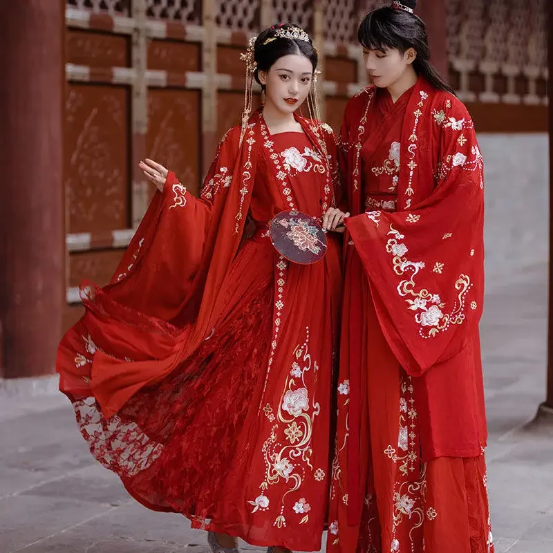 

Ancient WeiJin Dynasty Wedding Fairy Hanfu Dress Woman Men Chinese Traditional Dance Red Peony Couple Kimono Cosplay Costumes