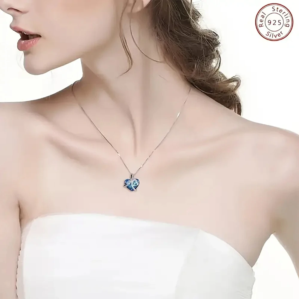 قلادة على شكل قلب دائم من الفضة الإسترليني عيار 925 للنساء مجوهرات راقية رائعة من الكريستال الأزرق للأبد هدية ساحرة للولايات المتحدة الأمريكية #3