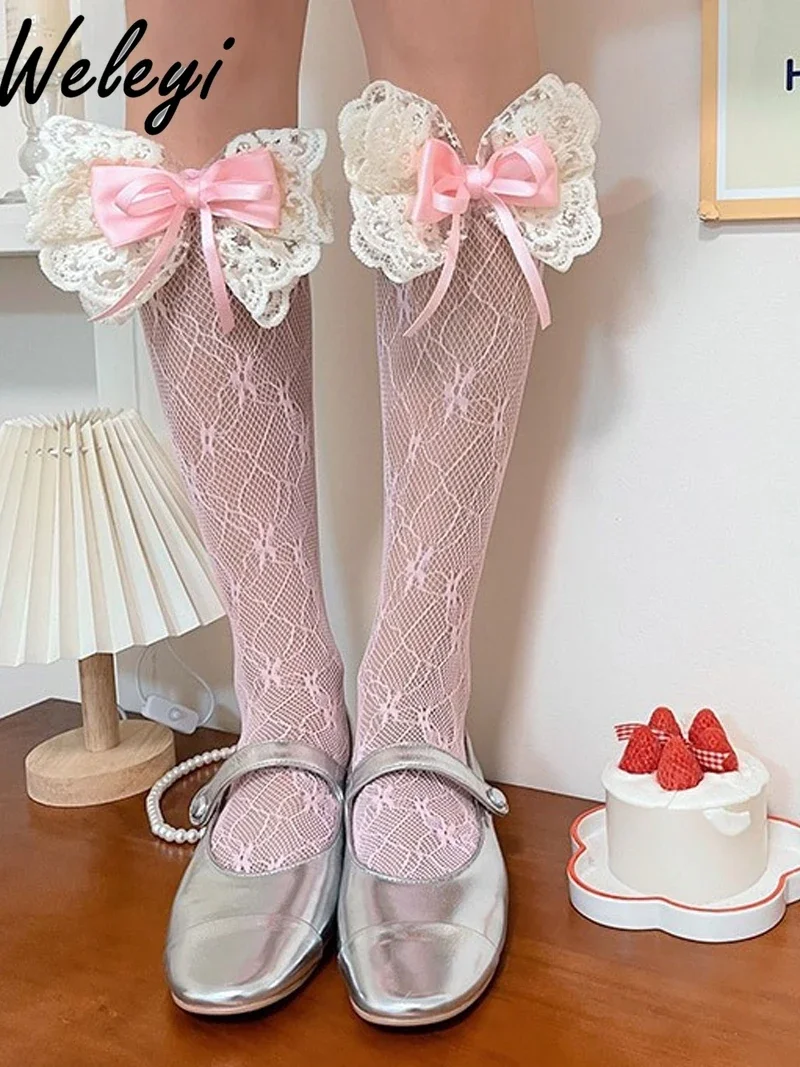 Summer Jirai Kei Style Cute Bow Stacking Middle Tube Socks 2024 Sweet Girly Kawaii Y2k Lace Bow Mid-tube Calf Socks for Women