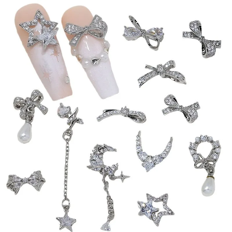 2PCS Luxury Zircon Silver Ribbon Bow 3D Nail Art Charms Glitter Pearl Star Moon Pendant Rhinestones Decor Manicure Accessories