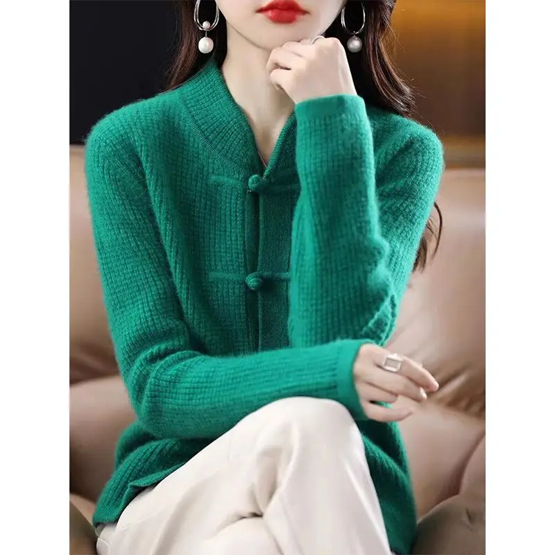 Chinese Style Frog Mock Neck Knitting Cardigan Coat Women Autumn Winter Warm Sweater Elegant All-match Temperament Knitwear Tops