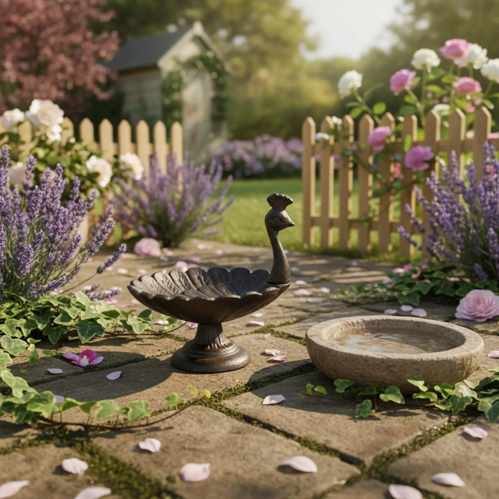 Vintage birdbath made of weatherproof cast metal in antique style.