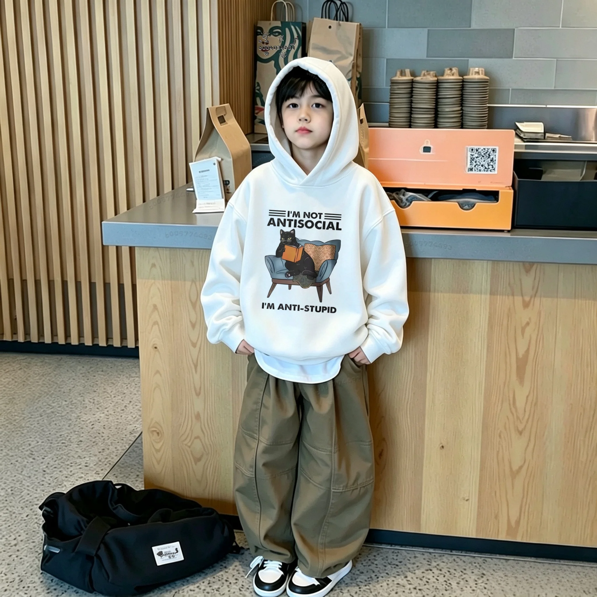 Y2K Kids Hoodie Sweatshirt Autumn Winter Funny Slogan Black Cat Reading On Sofa Graphic Print Casual Loose Long Sleeve Top