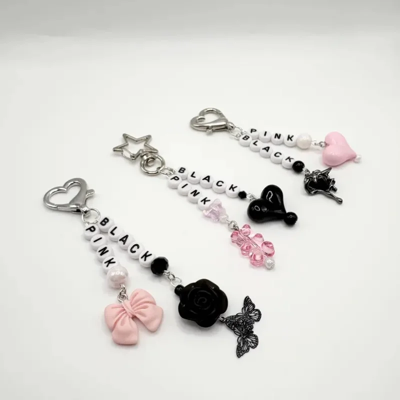 Black& pink customizable letter beaded keychain- black pink
