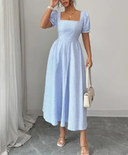 

Elegant Bubble Sleeve Blue & White Striped Dress for Women In 2026 Summer Temperament Female Fashion High Waist A Line Dresses