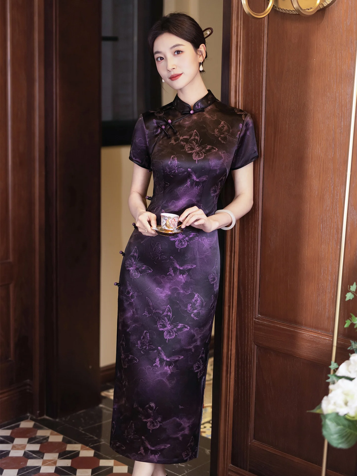 

Young Sle Purple Vintage Reformed anghai Mom Wedding Dr Daily Wear Floral Print ort Sve Long Qipao