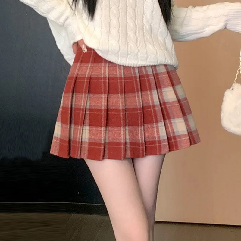 Preppy Style Winter Plaid Vintage Pleated Mini Wool Skirt For Women High Waist Thicken Casual School Cute Short Skirt Female