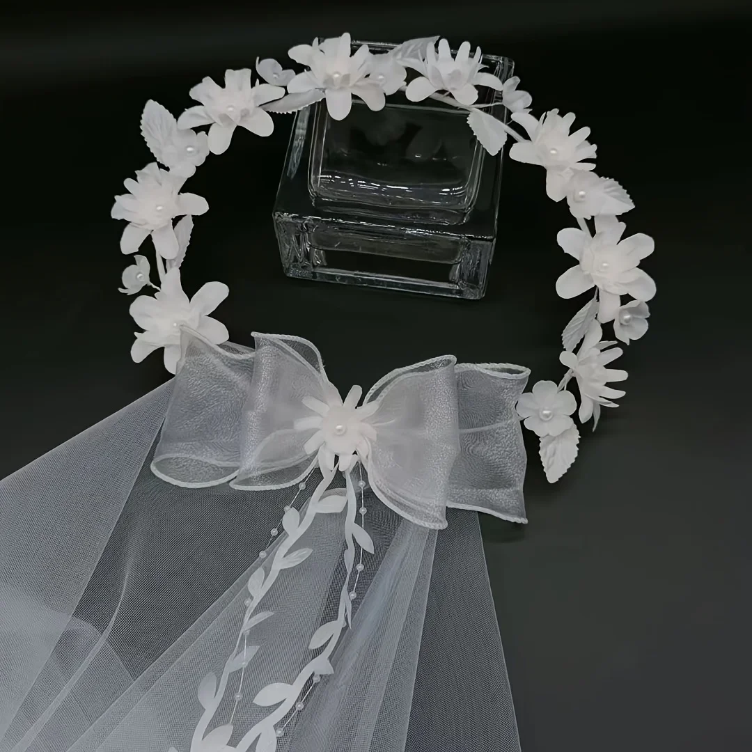 1pc Exquisite White Transparent Bridal Garland Veil with Flower Vines, Imitation Pearl Decor, Elegant Headwear for Wedding, Brid image 4