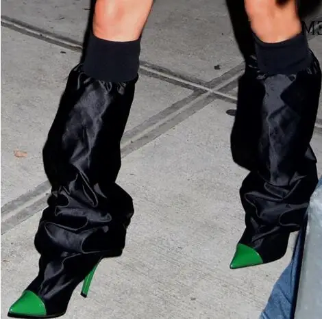 

New Black Green Yellow Orange Patchwork Satin Tube Slip On 10 12 CM Thin Heels Pointed Toe Knee High Boots Long Slouchy Boots