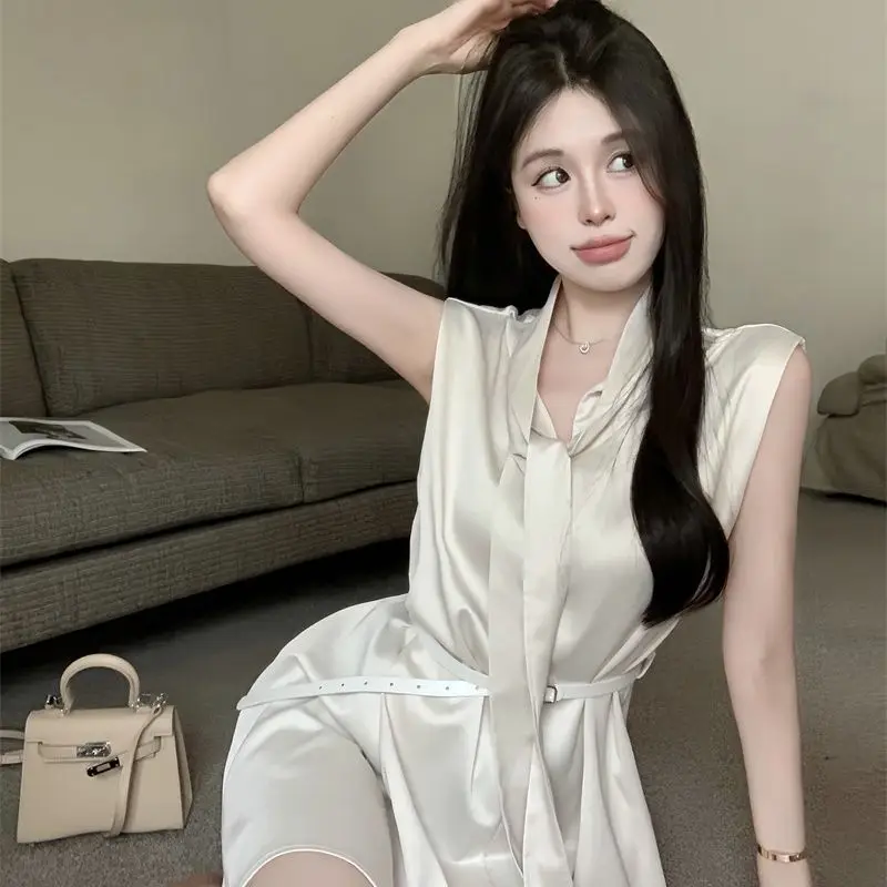 Temperament Sleeveless Loose Shirt Tops Summer New Thin Solid Lacing Simplicity Elegant Blouse Fashion Korean Women Clothing
