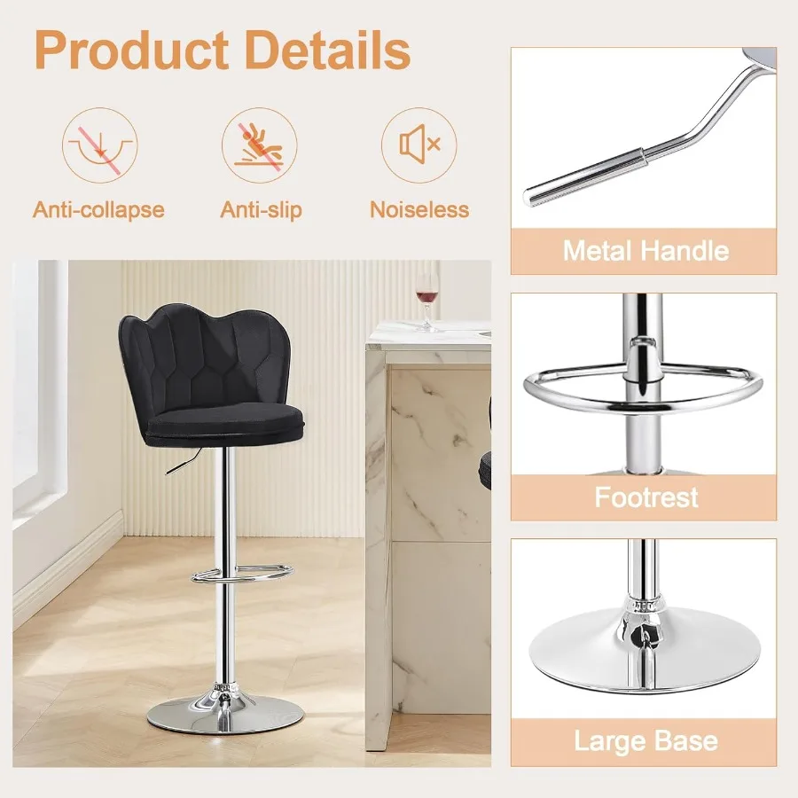 مجموعة مقاعد البار مكونة من 2 مقاعد للبار قابلة للتعديل مع مقعد خلفي مخملي بدون ذراع بارتفاع مقعد جزيرة المطبخ كراسي بار دوارة f #6