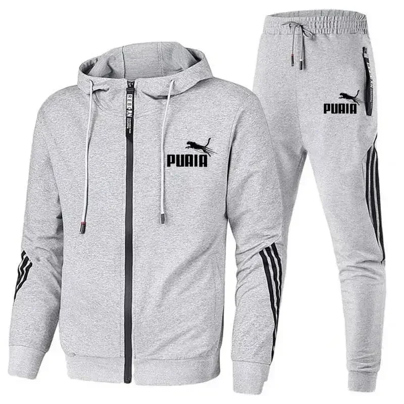 Autumn and winter new men\'s sports suit zipper cardigan jacket + sweatpants striped running fitness basketball 2-piece set