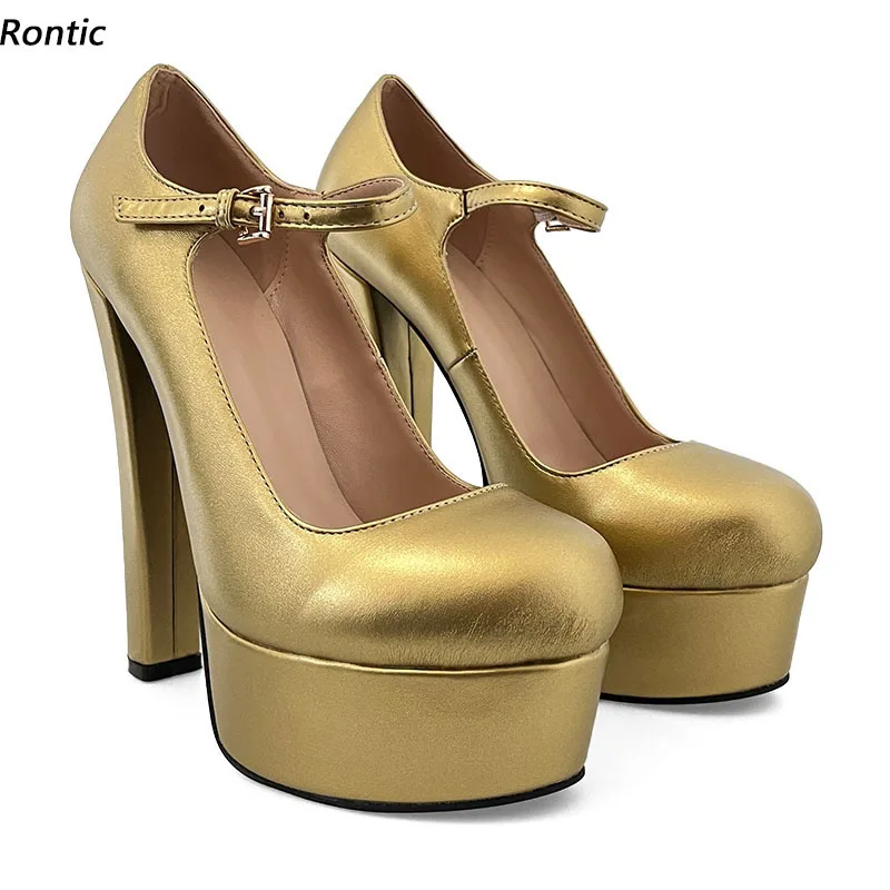 Rontic Высококачественные женские туфли-лодочки на платформе на массивном высоком каблуке с круглым носком, довольно золотистые, серебряные туфли для вечеринок, женские американские большие размеры 4-20
