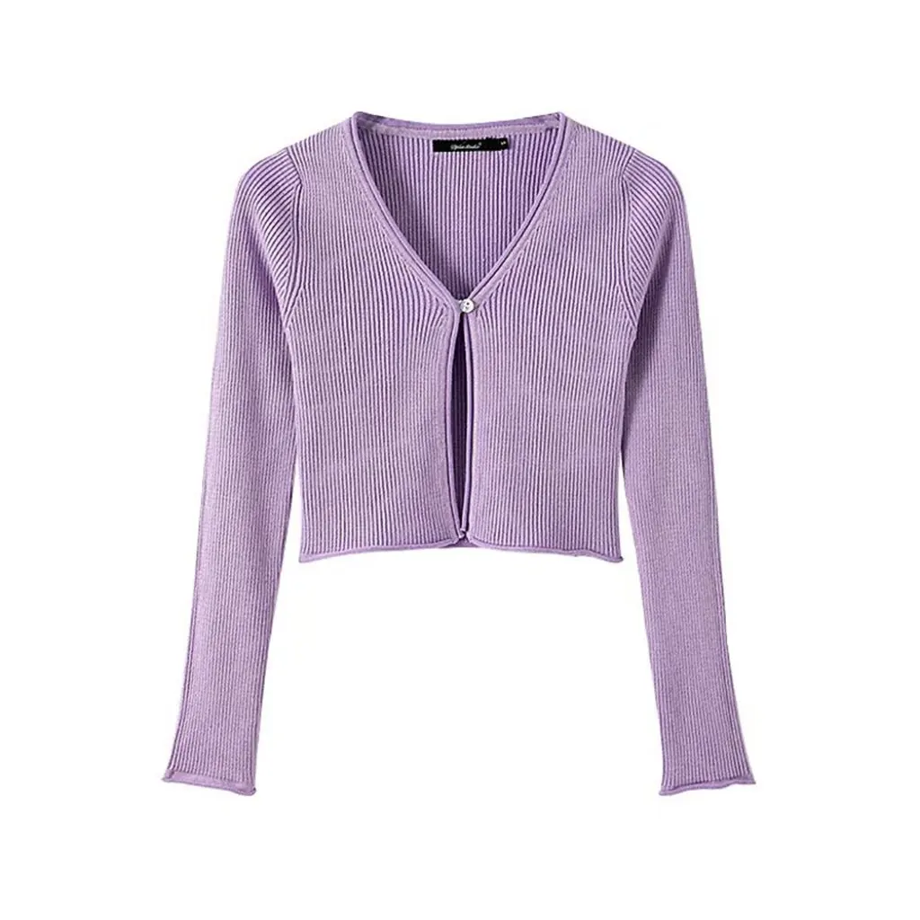 

YPFF Women's Slim-Fit Knitted Cardigan One Button Retro Short Off-Waist Small Coat Trendy European American Style for Autumn