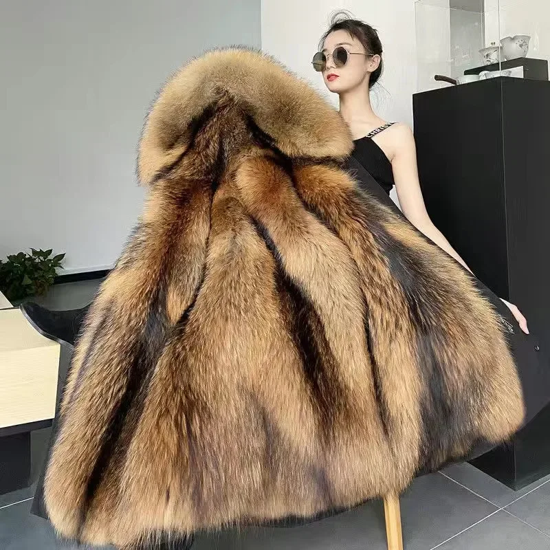 Fashion Winter Warm Women's Mid-length Faux Fur Lining Coat Detachable Hood Fur Coat