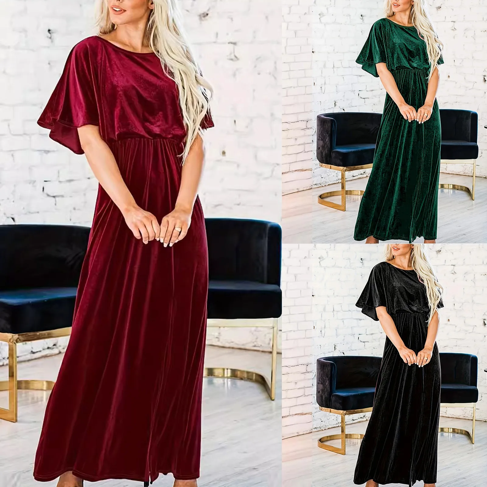 Vestido de noche de invierno 2024 para mujer, vestido largo Maxi de terciopelo con cuello redondo, vestido de fiesta elegante de manga corta, vestido de noche de terciopelo de otoño