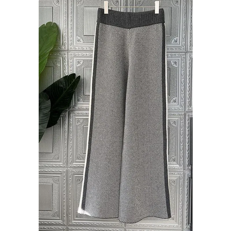 

Темпераментные широкие брюки для женщин, осенние и зимние свободные вязаные шерстяные брюки с высокой талией и рисунком «елочка», повседневные прямые брюки-тапочки