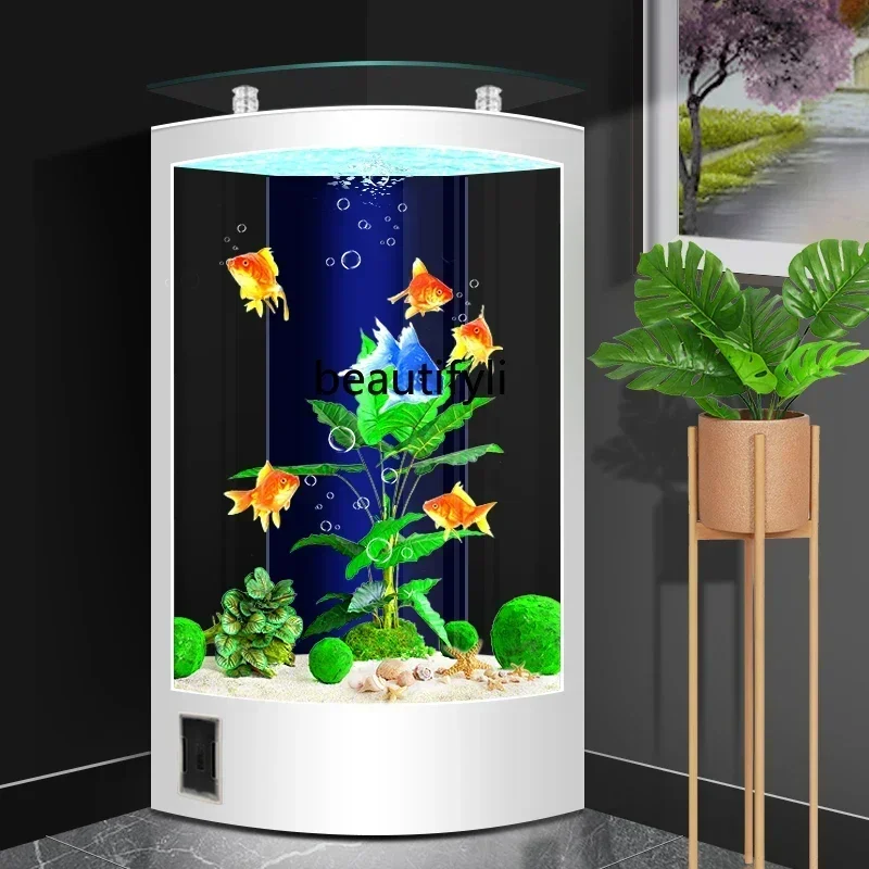 

W W New Fan-Shaped Fish Tank Living Room Home Floor-to-Wall Aquarium Triangle Glass Ecological Fish Globe Back Filter
