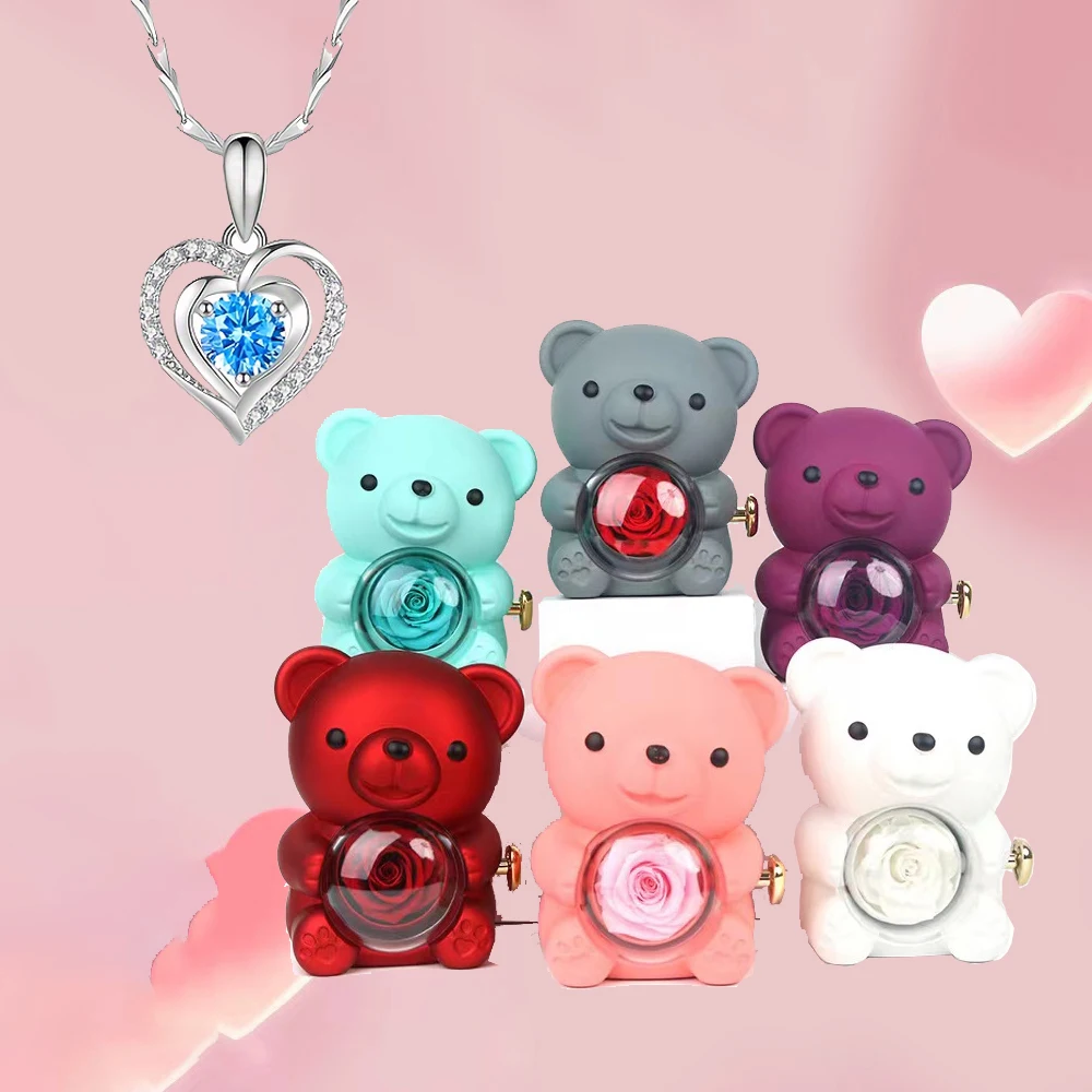 

Heart Blue Zircon Pendant Necklaces With Cute Bear Rose Flower Luxury Gift Box 2025 Christmas Party Gifts Romantic Jewelry