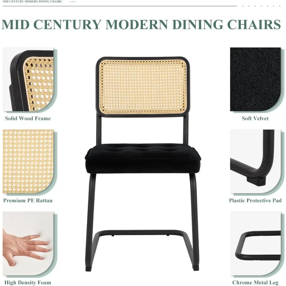 Juego de 4 sillas de comedor modernas de mediados de siglo, sillas laterales de terciopelo de ratán para comedor y cocina con asiento tapizado y patas cromadas de Metal