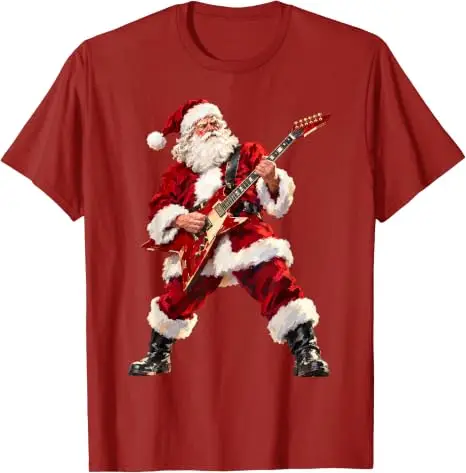 Santa Claus Playing Guitar Funny Christmas T-Shirt Y2k Electric Guitar Player Santa Claus Souvenirs Novelty Gift Soft Cotton Tee