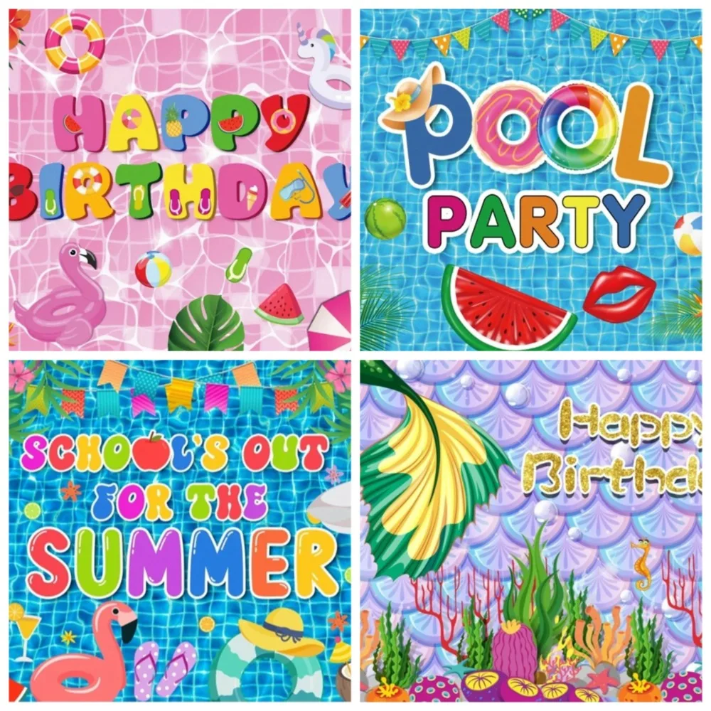 

Summer Aquatic Animal and Plant Themed Banner Background, Cool Swimming Pool, Birthday Party Decoration Photography Background