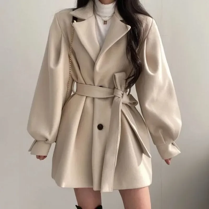 Elegant Apricot Thickened Woolen Coat Medium Long Styles Lapels Slimming Lace Up with Buttons Windbreaker Women's Jacket Black