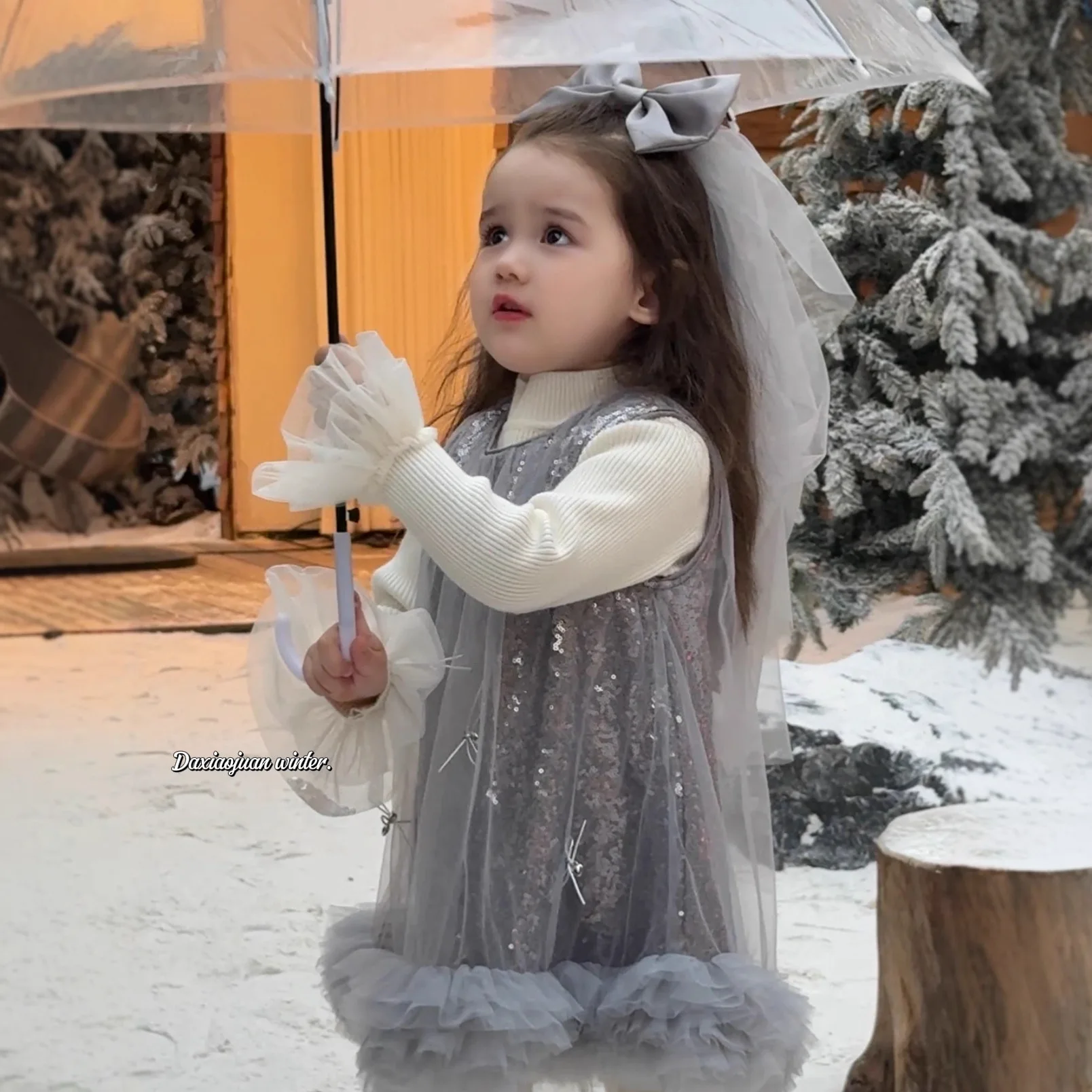 Winter Girls Bow Sequined Tank Top Skirt Girls Shiny Gauze Skirt Princess Spring and Autumn New Skirt