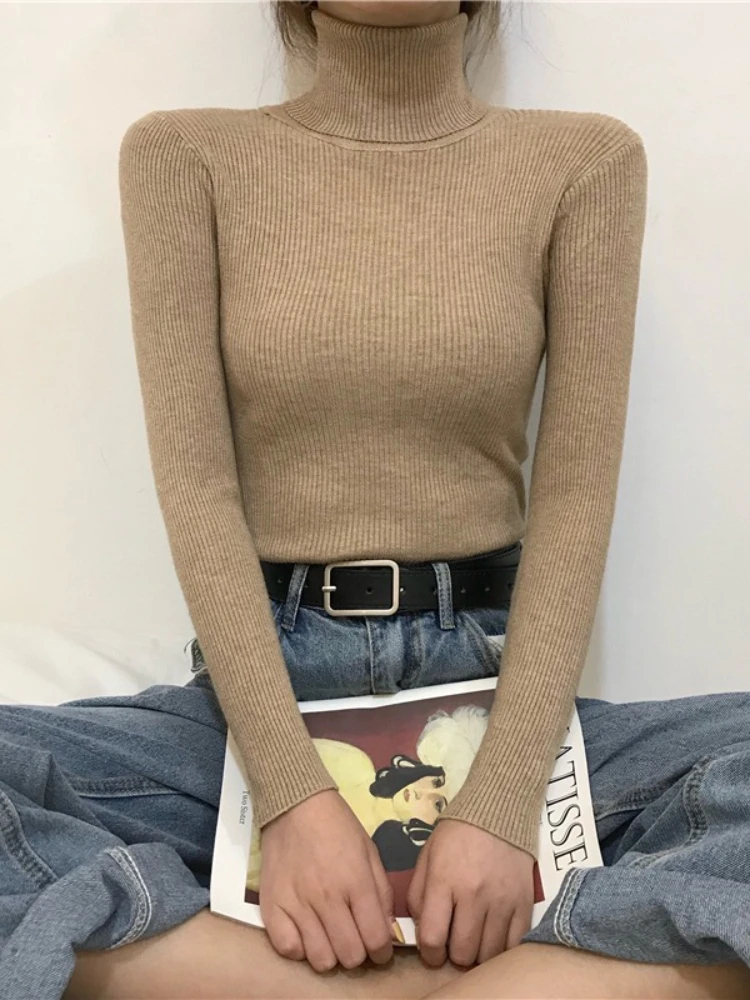 Top coreani in maglia basic tinta unita autunno inverno maglione dolcevita donna pullover Harajuku vintage maglione chic elegante elastico sottile