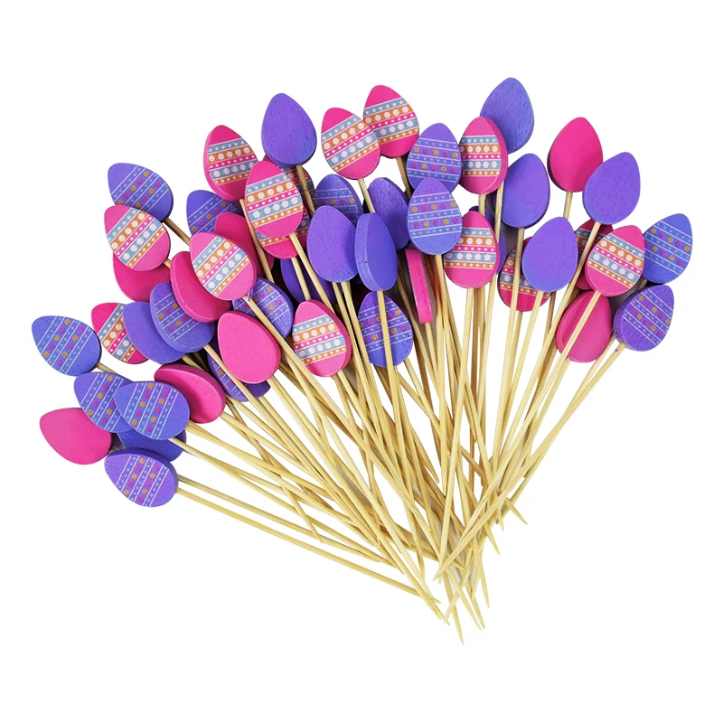 100pcs Easter Disposable Bamboo Skewers Rabbit Eggs Chick Food Picks Fruit Fork Sandwich Buffet Stick Easter Decoration 2024