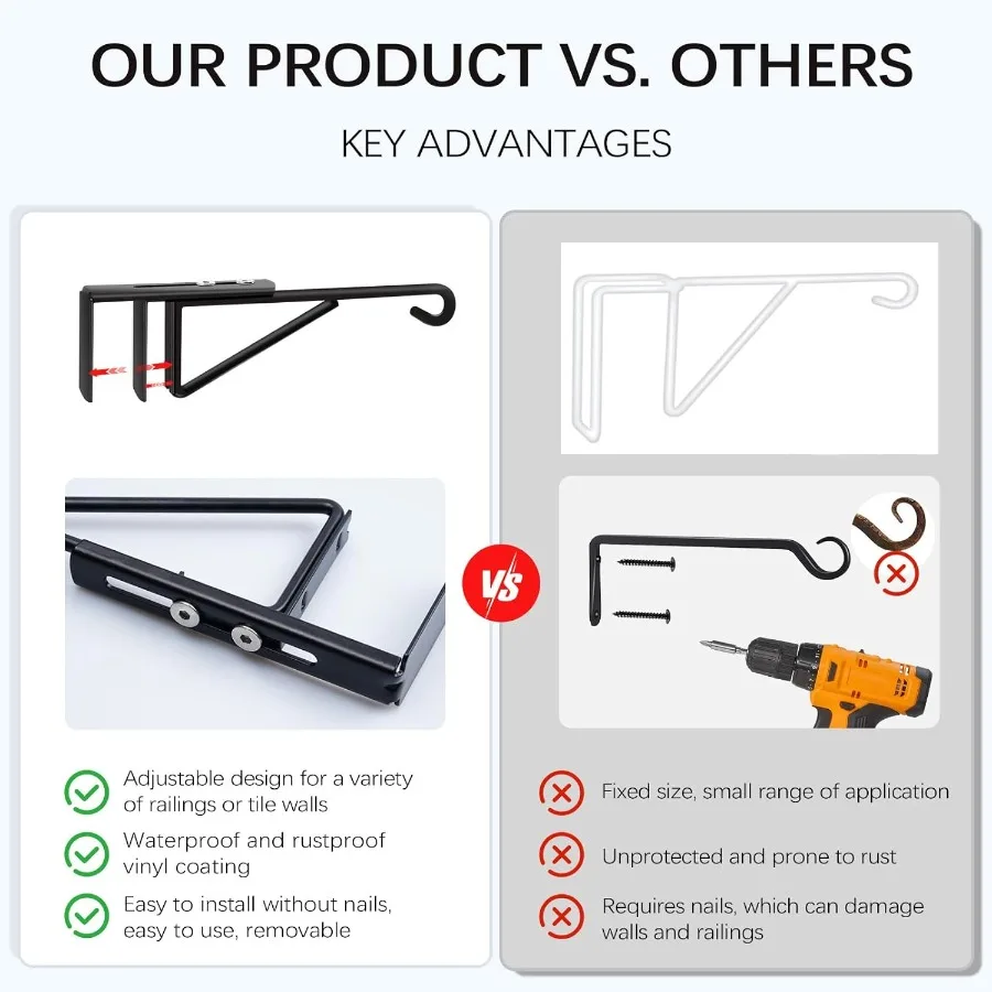 خطافات سياج من الفينيل 0.93 قابلة للتعديل للنباتات المعلقة فوق شماعات نباتات سياج الدرابزين في الهواء الطلق فولاذ مطلي باللون الأسود شديد التحمل #6