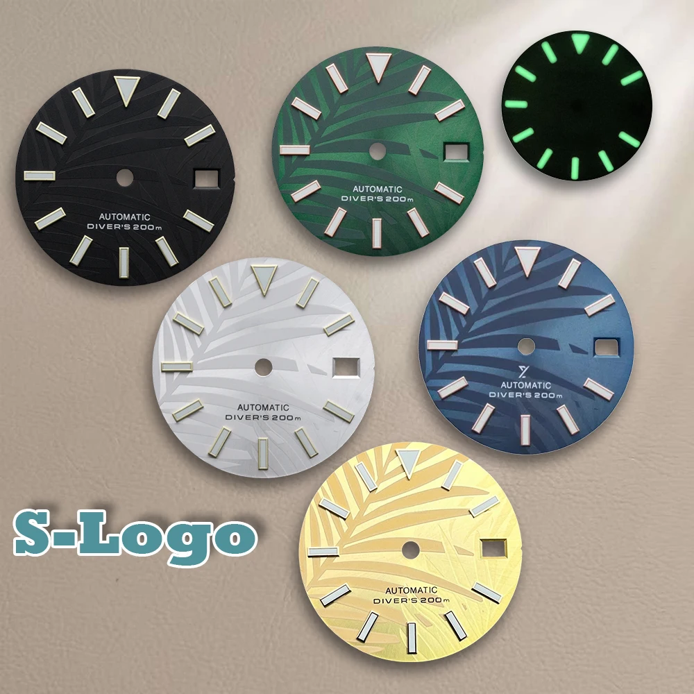 28.5mm High Quality S Logo Nh35 Dial Bamboo Leaves Dial For NH35/NH36/4R/7S Movement Green Luminous Watch accessories repair