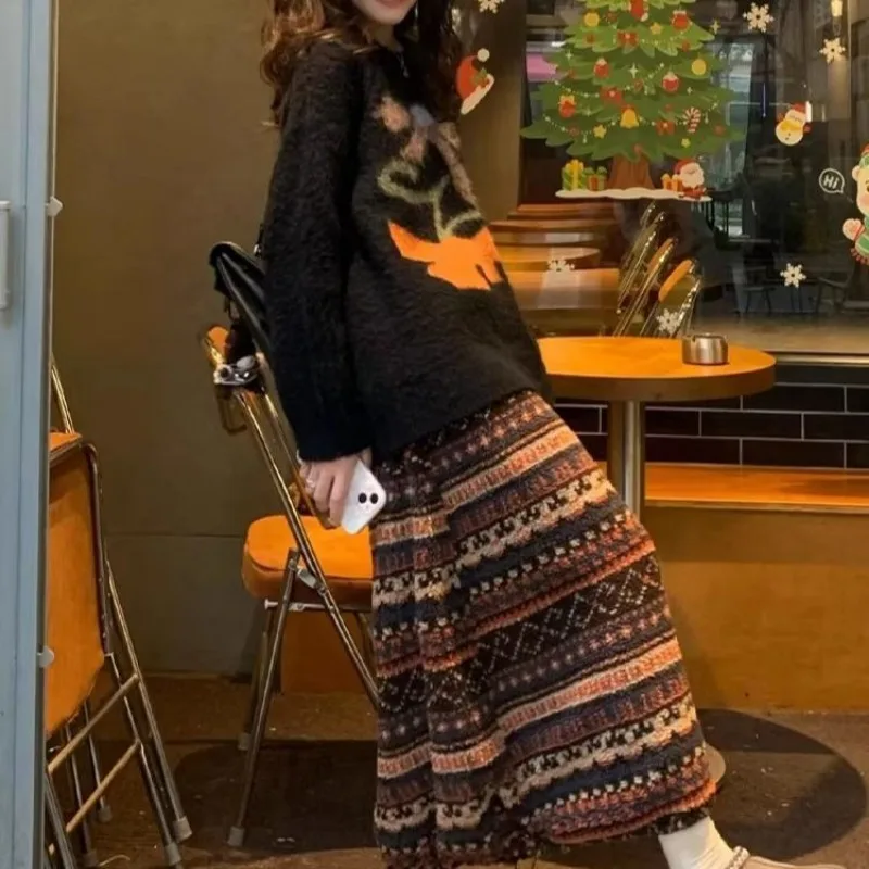 Women Vintage Fair Isle Plush Midi Skirt High Waist Thick A Line Swing Skirt For Autumn Winter
