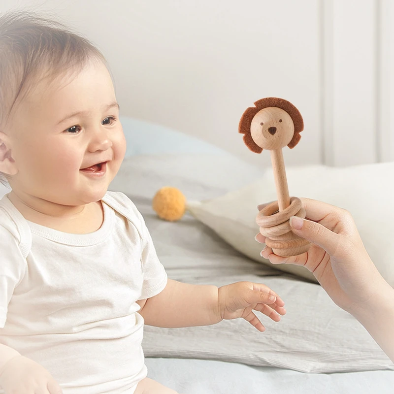 Juguetes Montessori de madera para bebés, sonajero móvil, juguete de comodidad, Animal de madera de haya, decoración de guardería