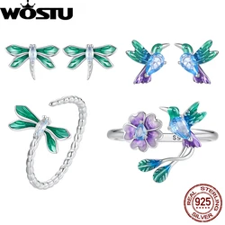 WOSTU 925 Sterling Silver Floral Bird Open Ring Set Dragonfly Stud Earrings Set for Women Girl Party Gift Adjustable Jewelry