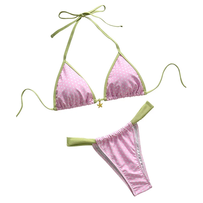 Cikini 2pcs/Set Women's Polka Dot Print Shoulder Strap Backless Top Thong Bikini Swimwear Set