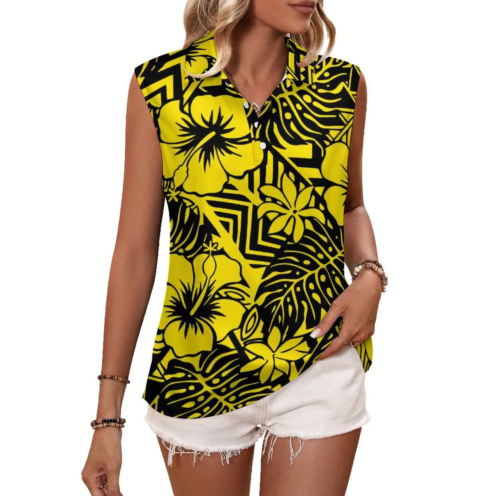 Pacific Island Women'S Wear Custom Casual Holiday Short Sleeve Top Polo Shirt Sleeveless Design Polynesian Style Women'S Wear