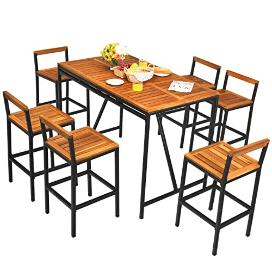 

7-Piece Acacia Wood Bar Set with Patiojoy Outdoor Rattan High-Dining 6 Bar Stools and 1 Rectangular Table with Umbrella Hole -