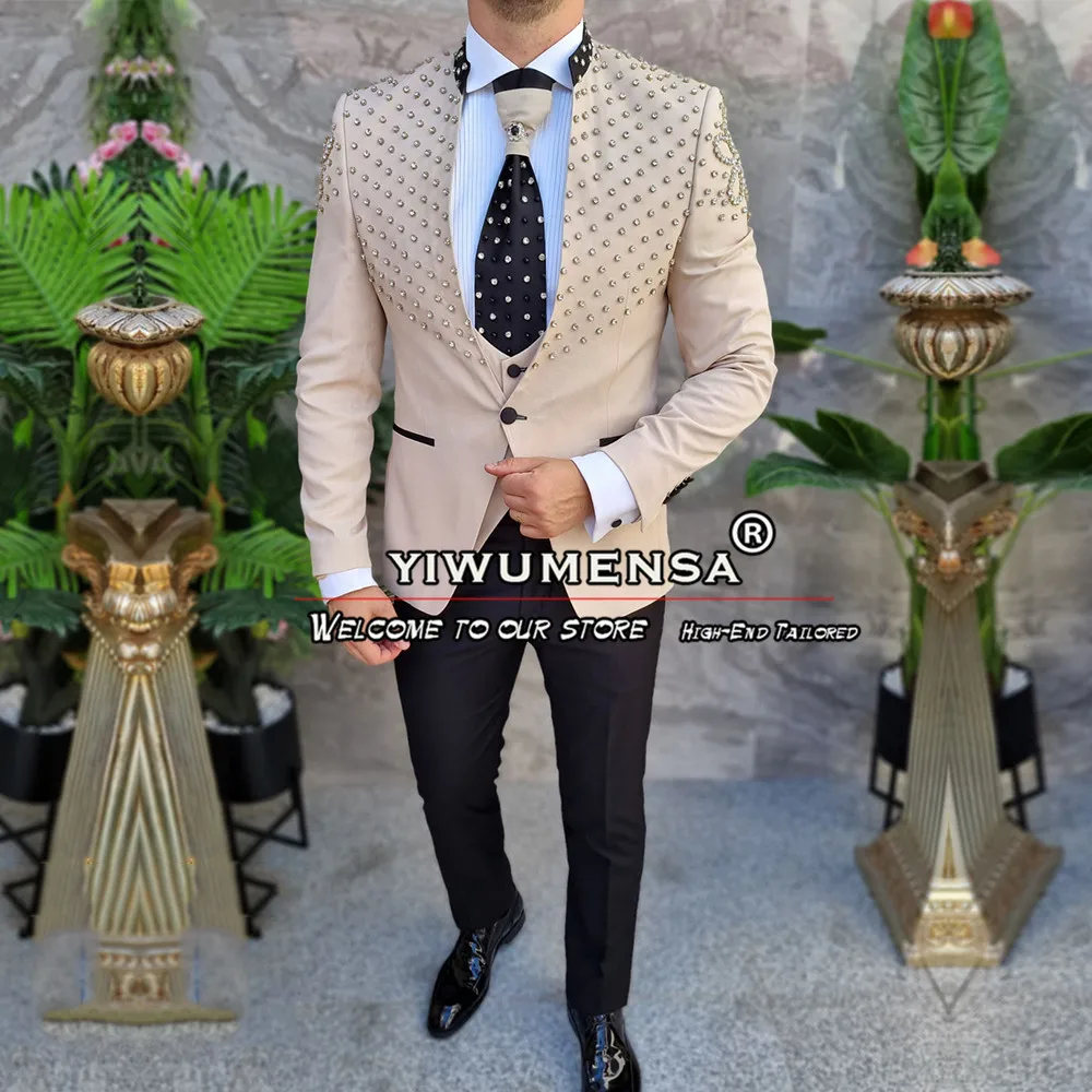 Bespoke setelan tuksedo pernikahan 3 potong, setelan jas pria untuk pesta makan malam, Blazer Prom, pesta makan malam Slim Fit, Blazer manik-manik perak