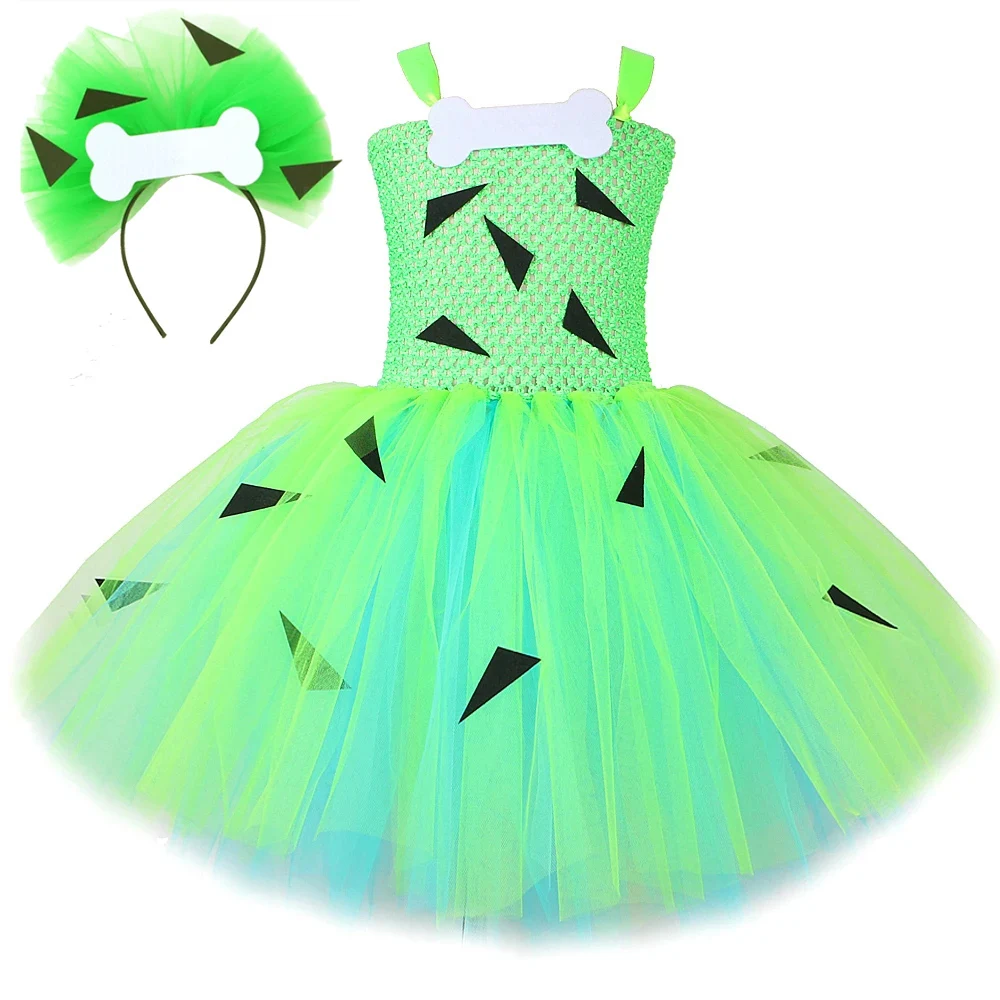 

Baby Girls Pebbles Flinstones Tutu Dress for Kids Halloween Carnival Costumes Carve Girl Fancy Outfit with Tulles Bone Hairbow