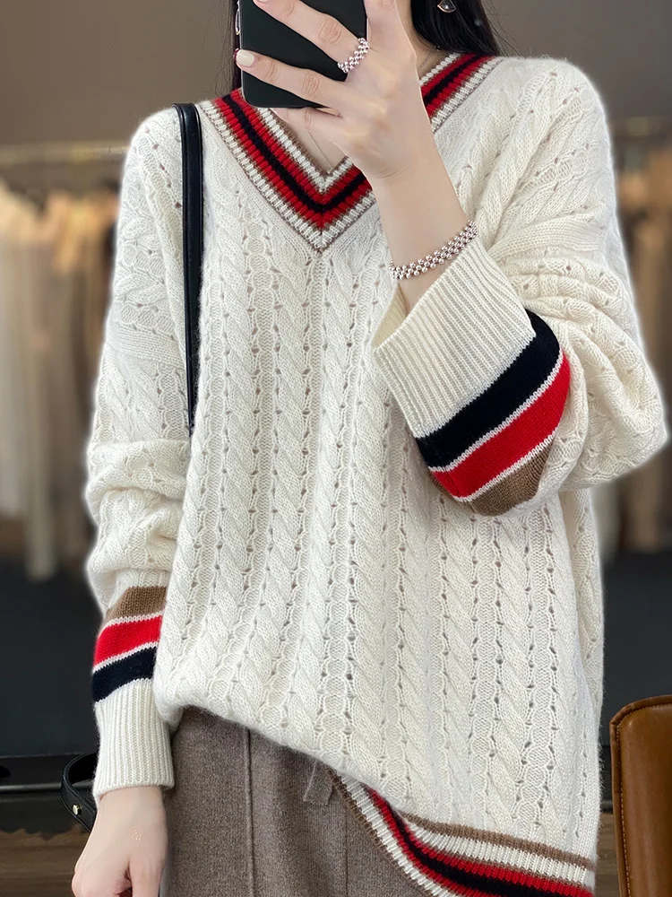 Addonee Women V-neck Sweater Preppy Style Loose Pullover Autumn Winter 100% Merino Wool Hollow Long Sleeve Cashmere Knitwear Top