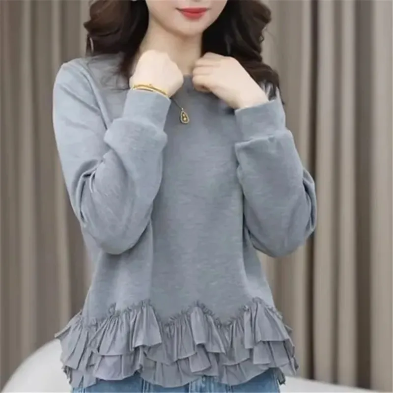 

Fashion Women's T-shirt with Ruffled Stitching Round Neck Defend 2026 Spring New Female Loose Versatile Slim Lady Design Top