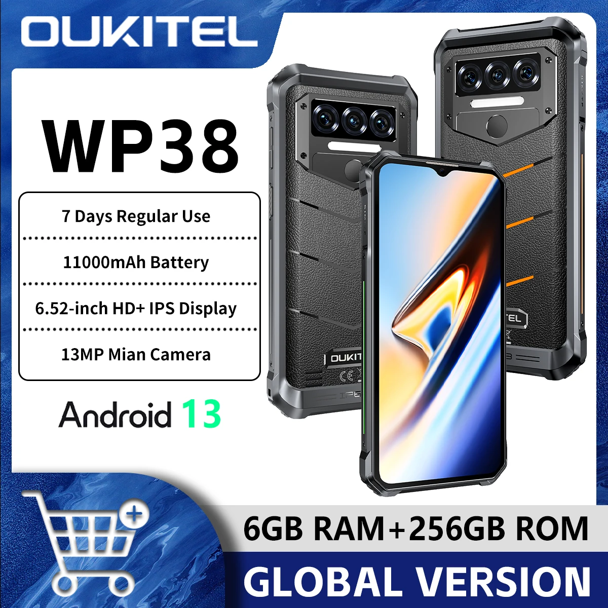 Oukitel WP38 Smartphone robusto 10600mAh 6,52" HD+ Display 6GB 128GB MediaTek MT8788 Octa Core 13MP Fotocamera NFC 4G Android 13