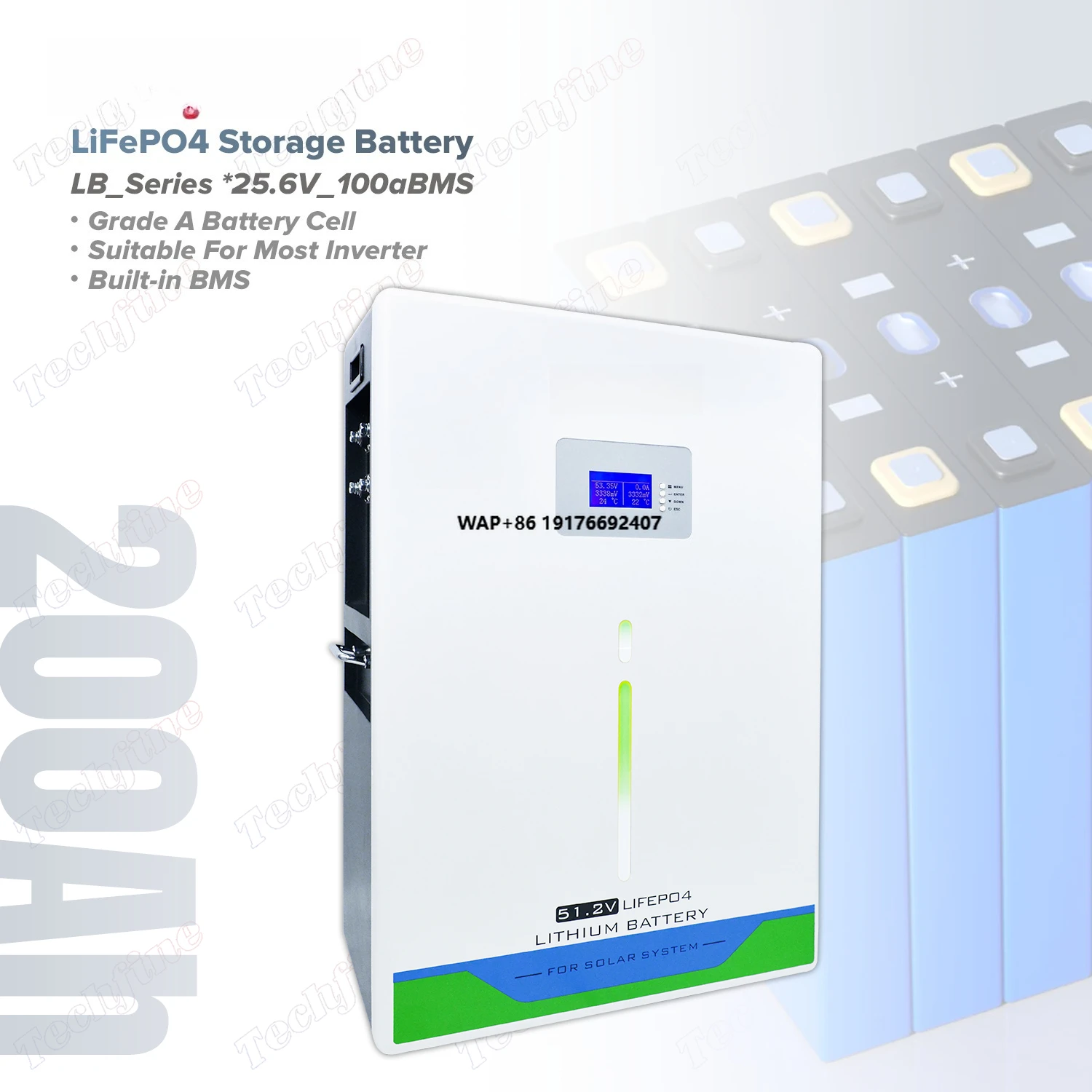 Techfine 24v 25.6v 200ah Li Ion 5kwh 5120wh LiFePO4 Battery Pack 24 Volt Lithium Phosphate Battery for Energy Storage Systems