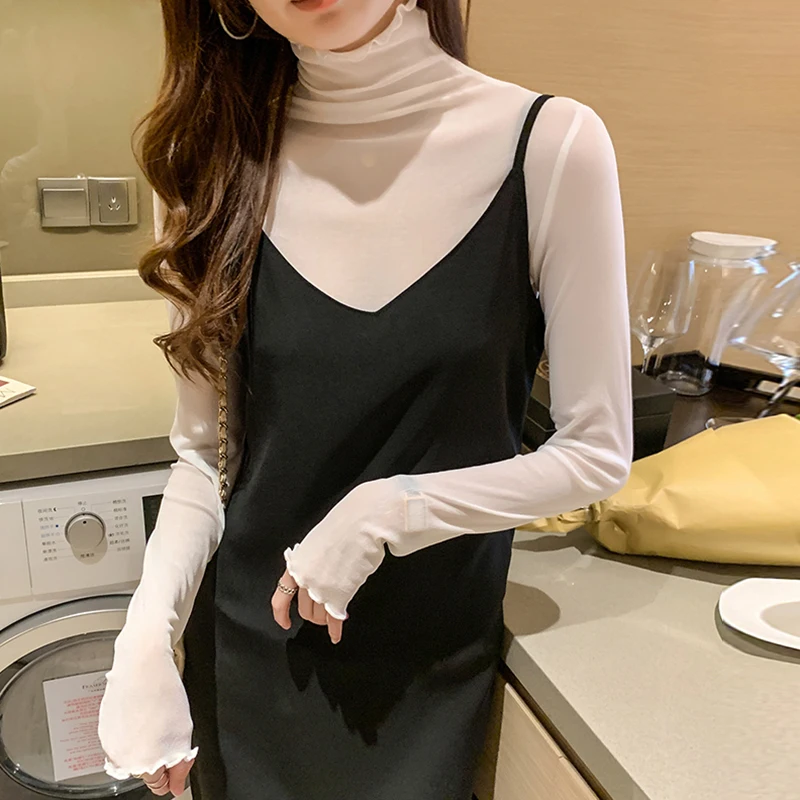 Spring Summer Women\'s Sexy See Through Mesh Blouse Long Sleeve Transparent Turtleneck Shirt Fashion Women Tops