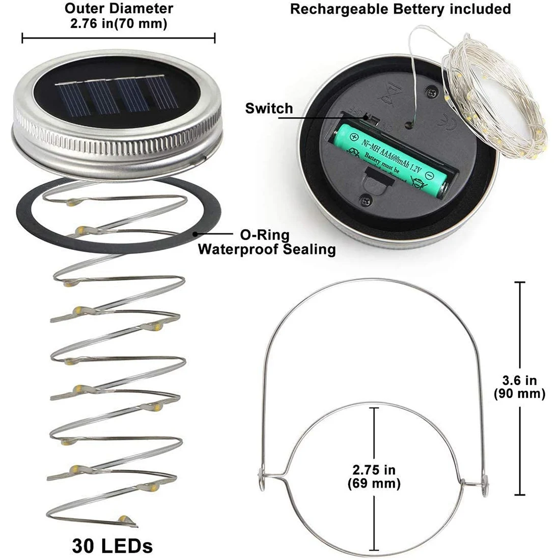 Luces solares para tarros, paquete de 8 luces con tapas impermeables de 30 LED con 8 asas (frascos no incluidos), perfectas para jardín al aire libre