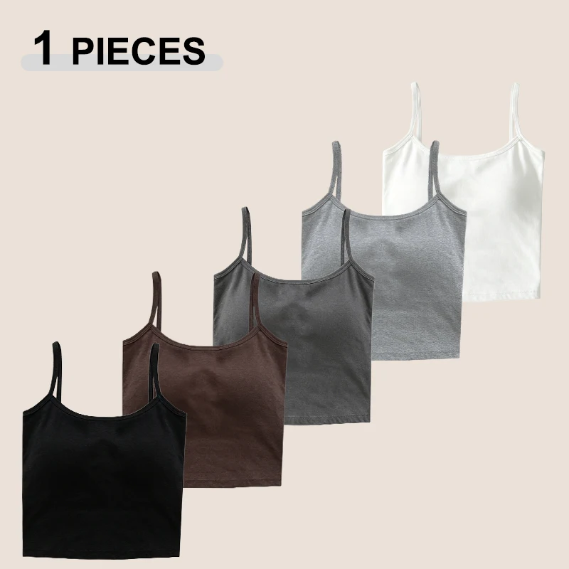 1PCS Women's Korean Version Popular Sleeveless Camisole Summer Solid Color Slim Spaghetti Straps Integrated Chest Pad Base Top